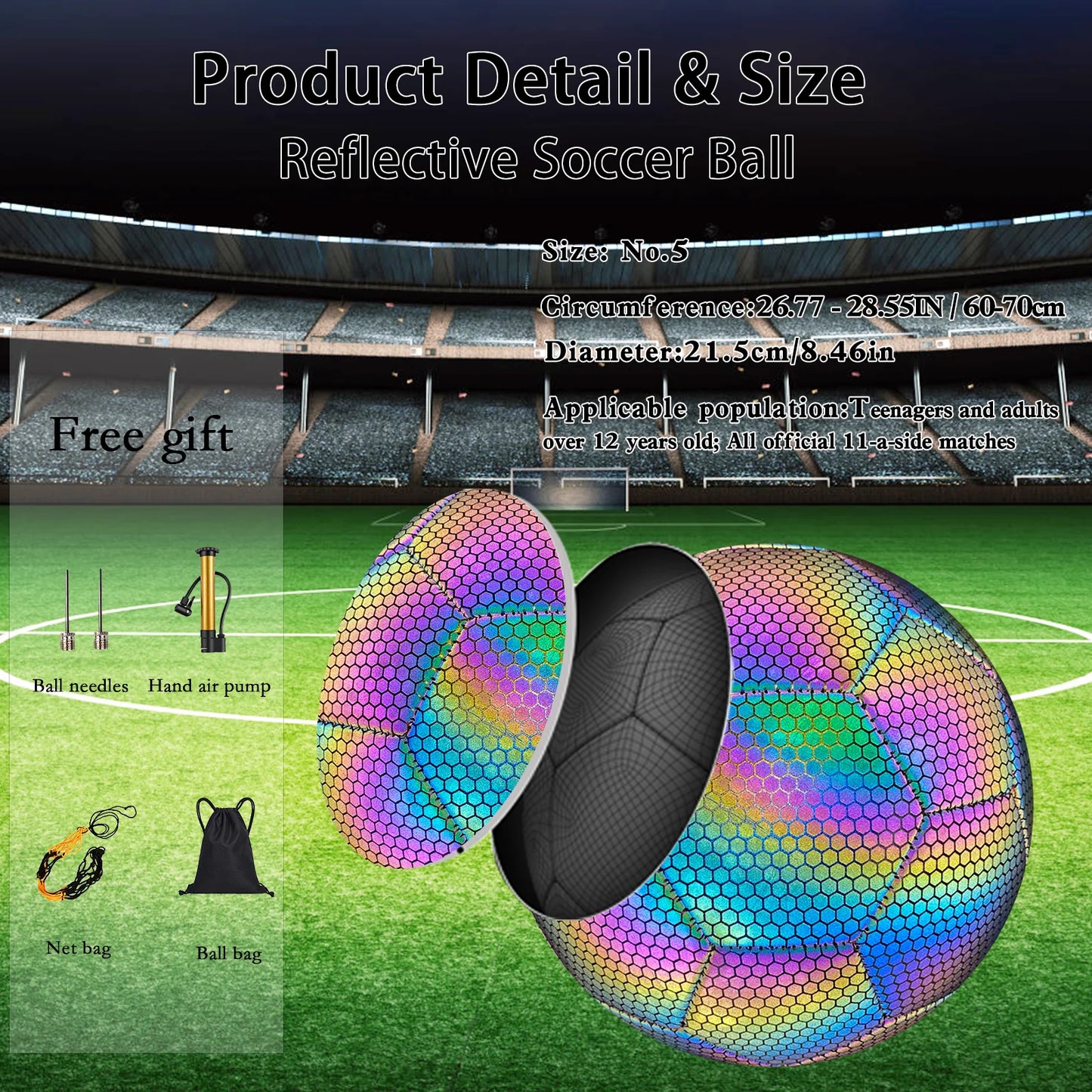 GlowKick Holographic Glow Soccer Ball — Size 5 Reflective Football